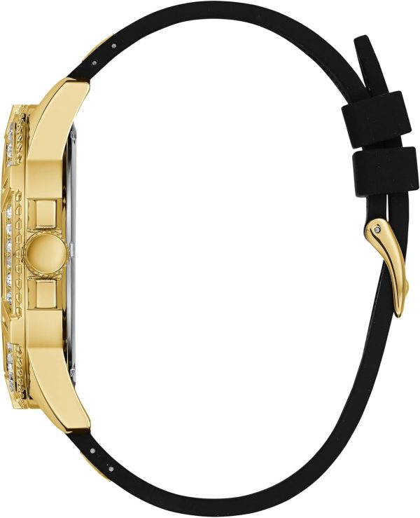 GUESS Comfortable Gold-Tone Black Stain Resistant Silicone Watch with Crystal Embellished Day, Date + 24 Hour Military/Int'l Time. Color: Black (Model: U1132G1) stain resistant silicone