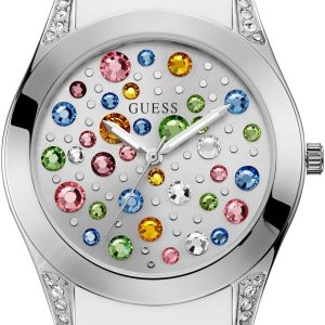 GUESS Silver-Tone + White Stain Resistant Silicone Multi-Colored Crystal Watch. Color: White (Model: U1059L1) silver-tone white stain