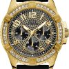 GUESS Comfortable Gold-Tone Black Stain Resistant Silicone Watch with Crystal Embellished Day, Date + 24 Hour Military/Int'l Time. Color: Black (Model: U1132G1) gold-tone black stain