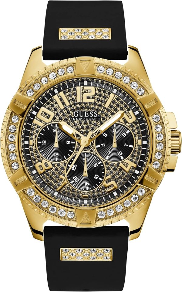 GUESS Comfortable Gold-Tone Black Stain Resistant Silicone Watch with Crystal Embellished Day, Date + 24 Hour Military/Int'l Time. Color: Black (Model: U1132G1) gold-tone black stain