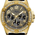GUESS Comfortable Gold-Tone Black Stain Resistant Silicone Watch with Crystal Embellished Day, Date + 24 Hour Military/Int'l Time. Color: Black (Model: U1132G1) comfortable gold-tone black