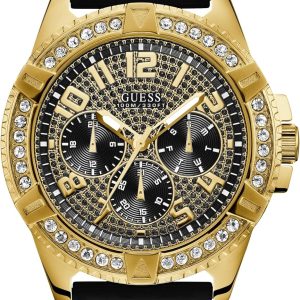 GUESS Comfortable Gold-Tone Black Stain Resistant Silicone Watch with Crystal Embellished Day, Date + 24 Hour Military/Int'l Time. Color: Black (Model: U1132G1) comfortable gold-tone black