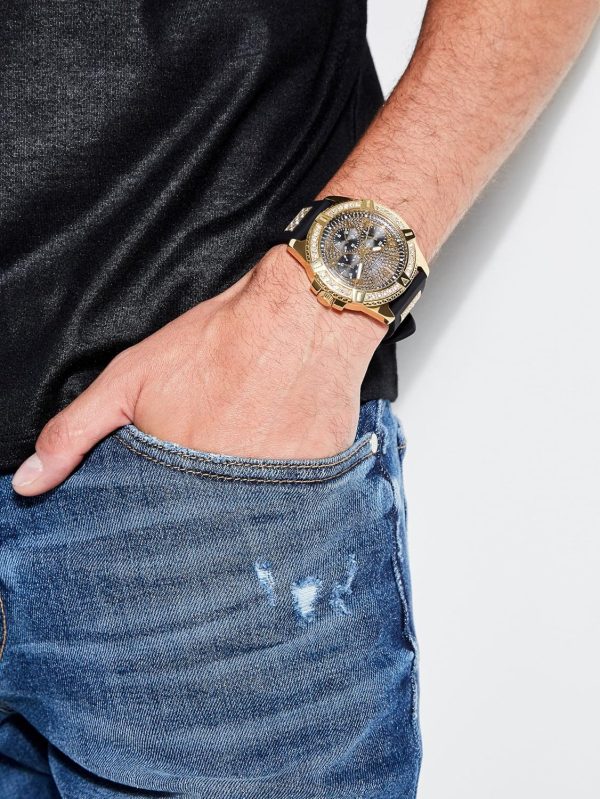 GUESS Comfortable Gold-Tone Black Stain Resistant Silicone Watch with Crystal Embellished Day, Date + 24 Hour Military/Int'l Time. Color: Black (Model: U1132G1) comfortable gold-tone black